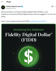 Fidelity ra mắt stablecoin FIDD neo tỷ giá 1:1 với USD