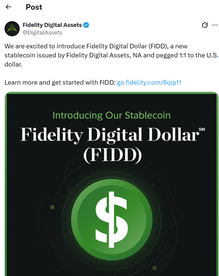 Fidelity ra mắt stablecoin FIDD neo tỷ giá 1:1 với USD